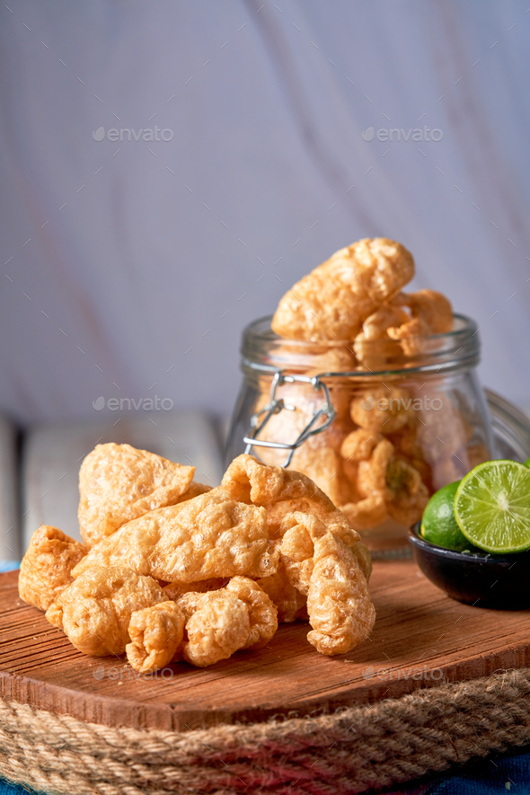 Chicharron, deep fried pork rinds, crispy pork skin pieces, traditional